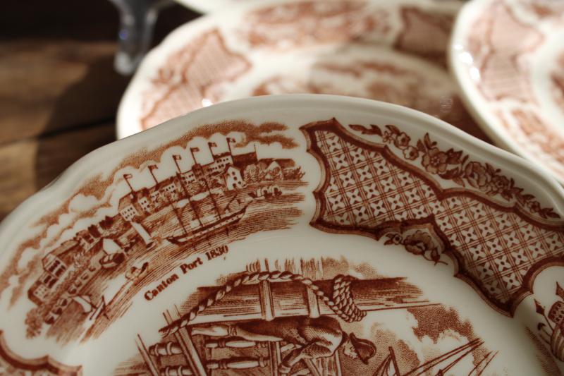 photo of Fair Winds tall ships sailing, vintage brown transferware china salad plates set of 12 #4