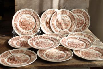 Fair Winds tall ships sailing, vintage brown transferware china salad plates set of 12