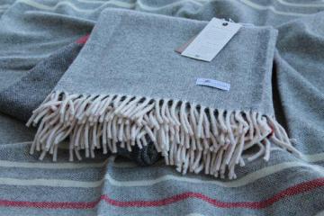 catalog photo of Faribault wool camp blanket throws, alpine red, grey cream fringed wool blankets