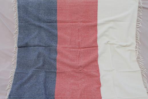 photo of Faribault wool camp blanket throws, fringed wool blankets in cream white, red & blue  #8