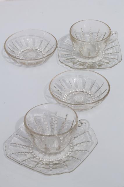 photo of Federal Columbia depression glass set for two, clear bubble pattern cups & saucers, bowls #1