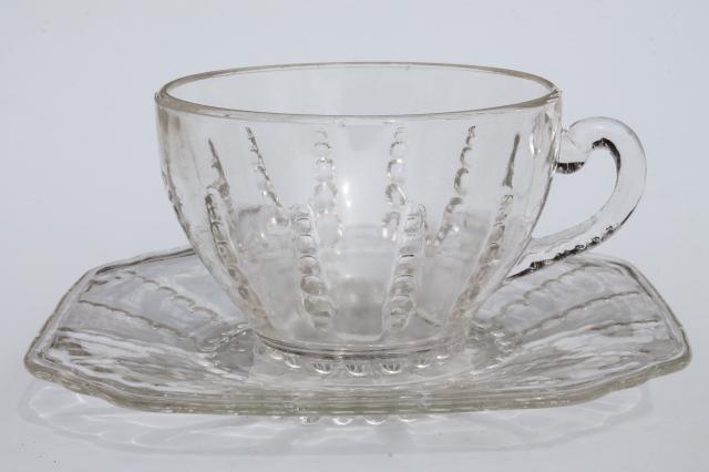 photo of Federal Columbia depression glass set for two, clear bubble pattern cups & saucers, bowls #2