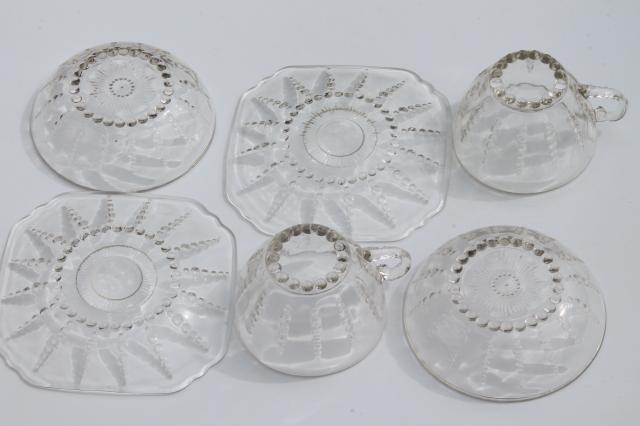 photo of Federal Columbia depression glass set for two, clear bubble pattern cups & saucers, bowls #5