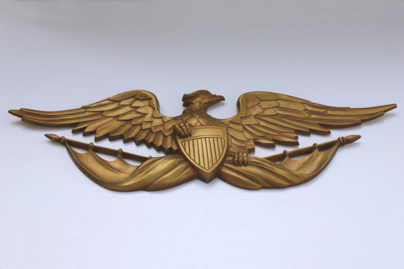 photo of Federal eagle w/ flags & shield, large cast aluminum wall hanging plaque mid century vintage Sexton metal art #1