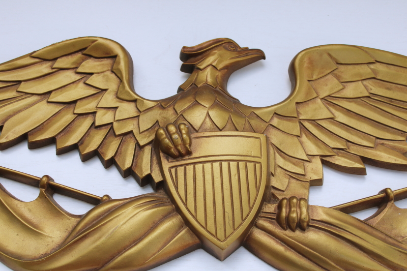 photo of Federal eagle w/ flags & shield, large cast aluminum wall hanging plaque mid century vintage Sexton metal art  #2