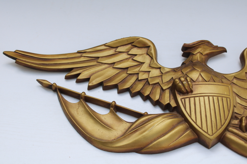 photo of Federal eagle w/ flags & shield, large cast aluminum wall hanging plaque mid century vintage Sexton metal art  #7