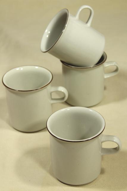 photo of Fennica Arabia Finland vintage stoneware pottery mugs, tan brown band coffee cups #1