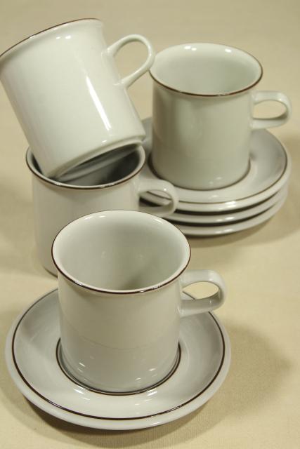 photo of Fennica Arabia Finland vintage stoneware pottery tan brown band coffee cups & saucers #1