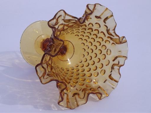 photo of Fenton amber hobnail glass candy dish, crimped ruffled compote bowl #2