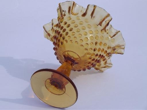 photo of Fenton amber hobnail glass candy dish, crimped ruffled compote bowl #3