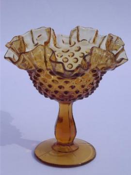 catalog photo of Fenton amber hobnail glass candy dish, crimped ruffled compote bowl