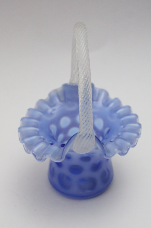 photo of Fenton blue opalescent glass basket coin dot pattern, mid century vintage  #3