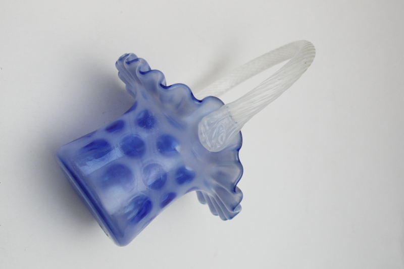 photo of Fenton blue opalescent glass basket coin dot pattern, mid century vintage  #5