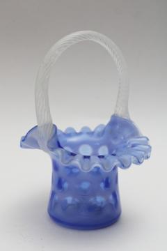 catalog photo of Fenton blue opalescent glass basket coin dot pattern, mid century vintage 