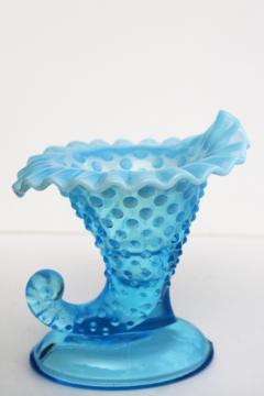 catalog photo of Fenton blue opalescent hobnail glass horn of plenty vase or candle holder