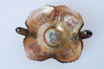 catalog photo of Fenton butterflies bonbon dish, vintage amethyst carnival glass double handled bowl