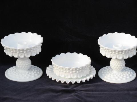 photo of Fenton convertible candle holders set, hobnail milk glass candle sticks, bobeches #1