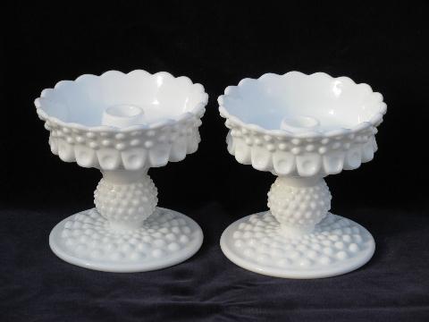 photo of Fenton convertible candle holders set, hobnail milk glass candle sticks, bobeches #2