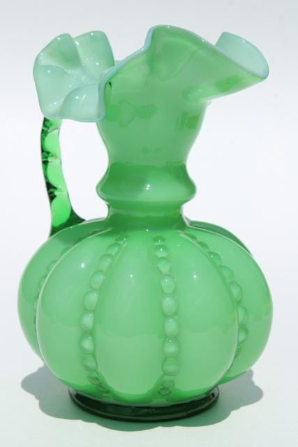 photo of Fenton glass pitcher, vintage green & white cased glass jug, beaded melon shape #1