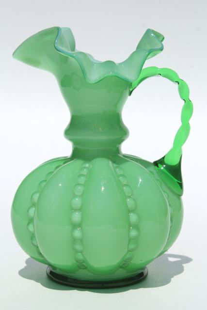 photo of Fenton glass pitcher, vintage green & white cased glass jug, beaded melon shape #3