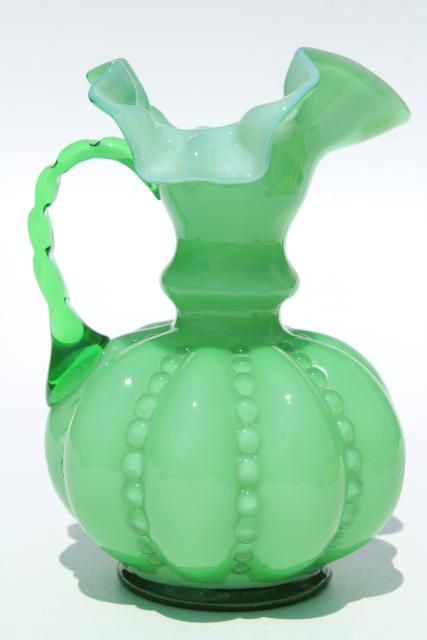 photo of Fenton glass pitcher, vintage green & white cased glass jug, beaded melon shape #5