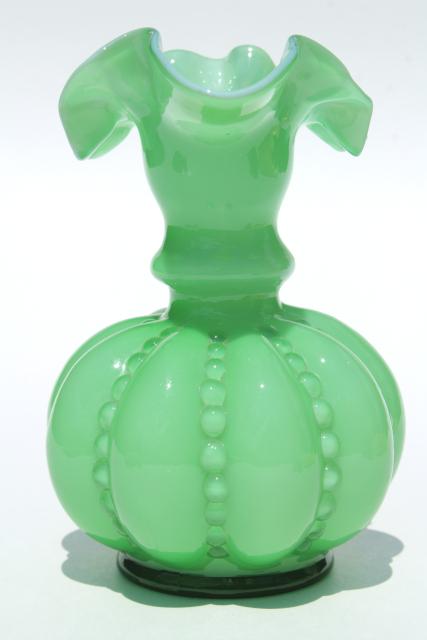 photo of Fenton glass pitcher, vintage green & white cased glass jug, beaded melon shape #6