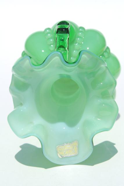 photo of Fenton glass pitcher, vintage green & white cased glass jug, beaded melon shape #8