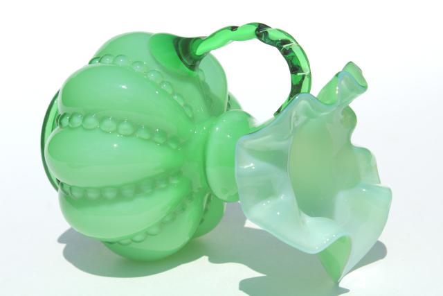 photo of Fenton glass pitcher, vintage green & white cased glass jug, beaded melon shape #10