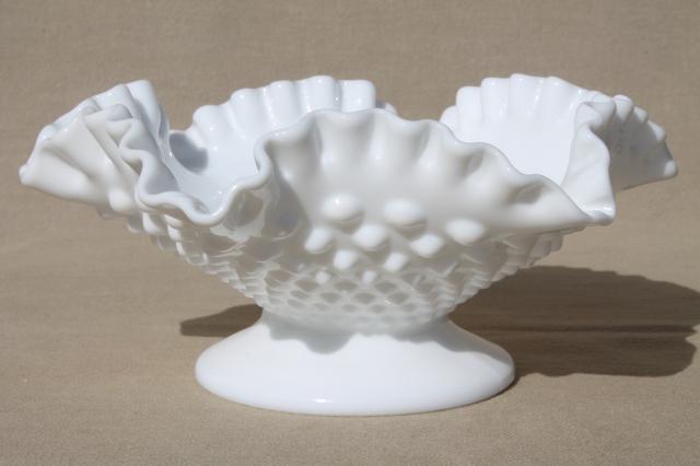 photo of Fenton hobnail milk glass footed bowl w/ ruffled edge, candy dish / centerpiece for flowers #1