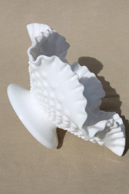 photo of Fenton hobnail milk glass footed bowl w/ ruffled edge, candy dish / centerpiece for flowers #4