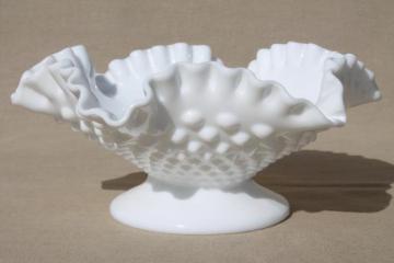 catalog photo of Fenton hobnail milk glass footed bowl w/ ruffled edge, candy dish / centerpiece for flowers