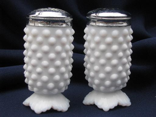 photo of Fenton hobnail milk glass salt and pepper shakers, vintage S&P set #1