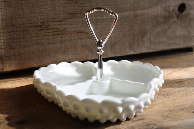 photo of Fenton hobnail milk glass, three part dish, relish tray w/ metal handle #5