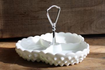 catalog photo of Fenton hobnail milk glass, three part dish, relish tray w/ metal handle