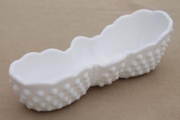 catalog photo of Fenton hobnail pattern glass spoon holder, vintage milk glass spooner