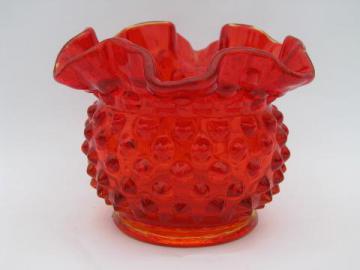 catalog photo of Fenton hobnail ruffled edge vintage glass vase, retro orange color!