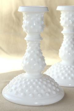 catalog photo of Fenton hobnail vintage milk glass candlesticks, pair tall candle holders