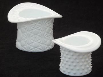 catalog photo of Fenton milk glass hats, daisy & button and hobnail pattern hat vases