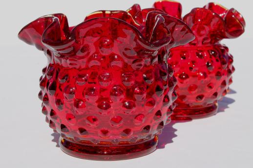 photo of Fenton ruby red hobnail glass mini vase set, pair of round crimped vases #2
