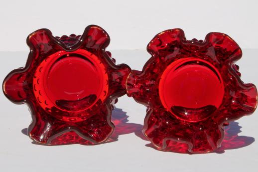 photo of Fenton ruby red hobnail glass mini vase set, pair of round crimped vases #4