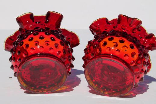 photo of Fenton ruby red hobnail glass mini vase set, pair of round crimped vases #5