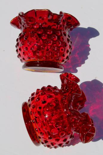 photo of Fenton ruby red hobnail glass mini vase set, pair of round crimped vases #6