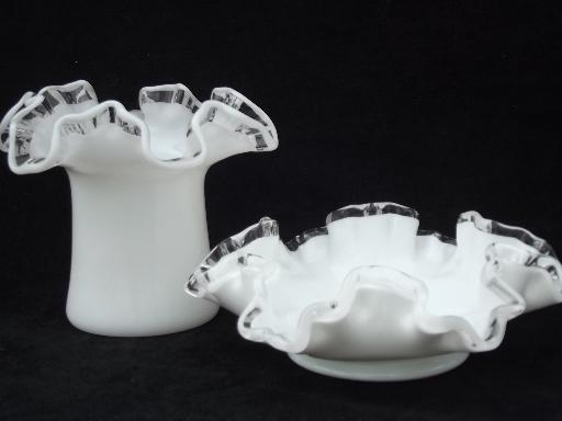 photo of Fenton silver crest milk glass, stovepipe hat vase and flower dish or saucer #1