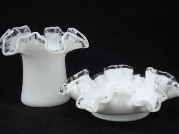 catalog photo of Fenton silver crest milk glass, stovepipe hat vase and flower dish or saucer