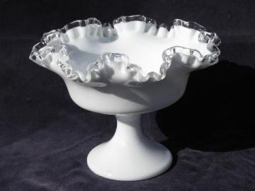 catalog photo of Fenton vintage silver crest milk glass crimped comport, ruffled pedestal bowl