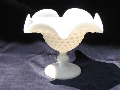 photo of Fenton vintage white satin hobnail glass ruffled pedestal candy dish #1