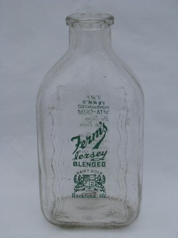 photo of Fern's Rockford Jersey dairy advertising vintage glass milk bottle, old wire bottle carrier #2