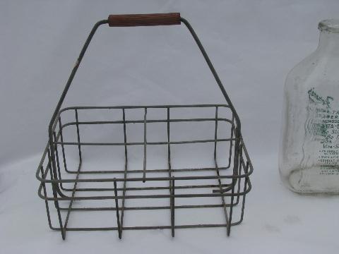 photo of Fern's Rockford Jersey dairy advertising vintage glass milk bottle, old wire bottle carrier #6