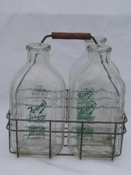 catalog photo of Fern's Rockford Jersey dairy advertising vintage glass milk bottle, old wire bottle carrier