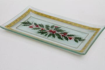 catalog photo of Festive Holly Gorham glass, Christmas holiday serving tray rectangular plate